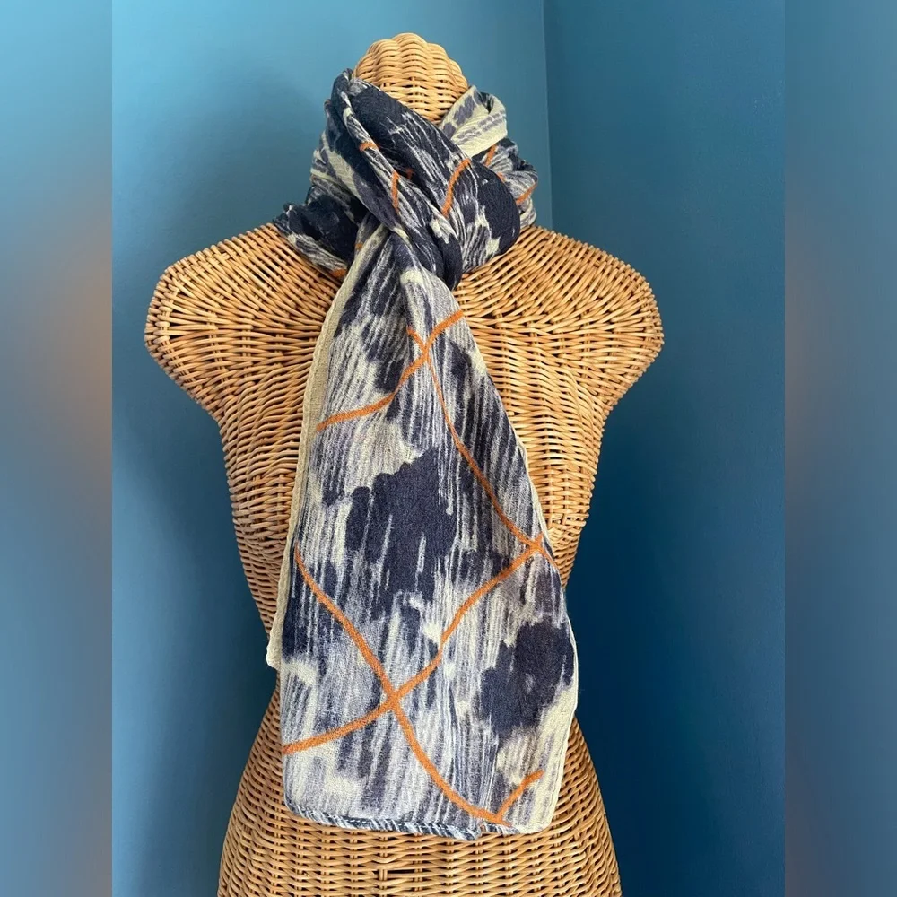 Anna Kaszer Paris NWT Lightweight Wool Scarf Navy Blue Orange Cream 20 x 64